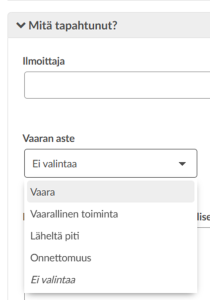 IMS-ohjelmisto Raportit-osio, pudotusvalikko, Arter Oy